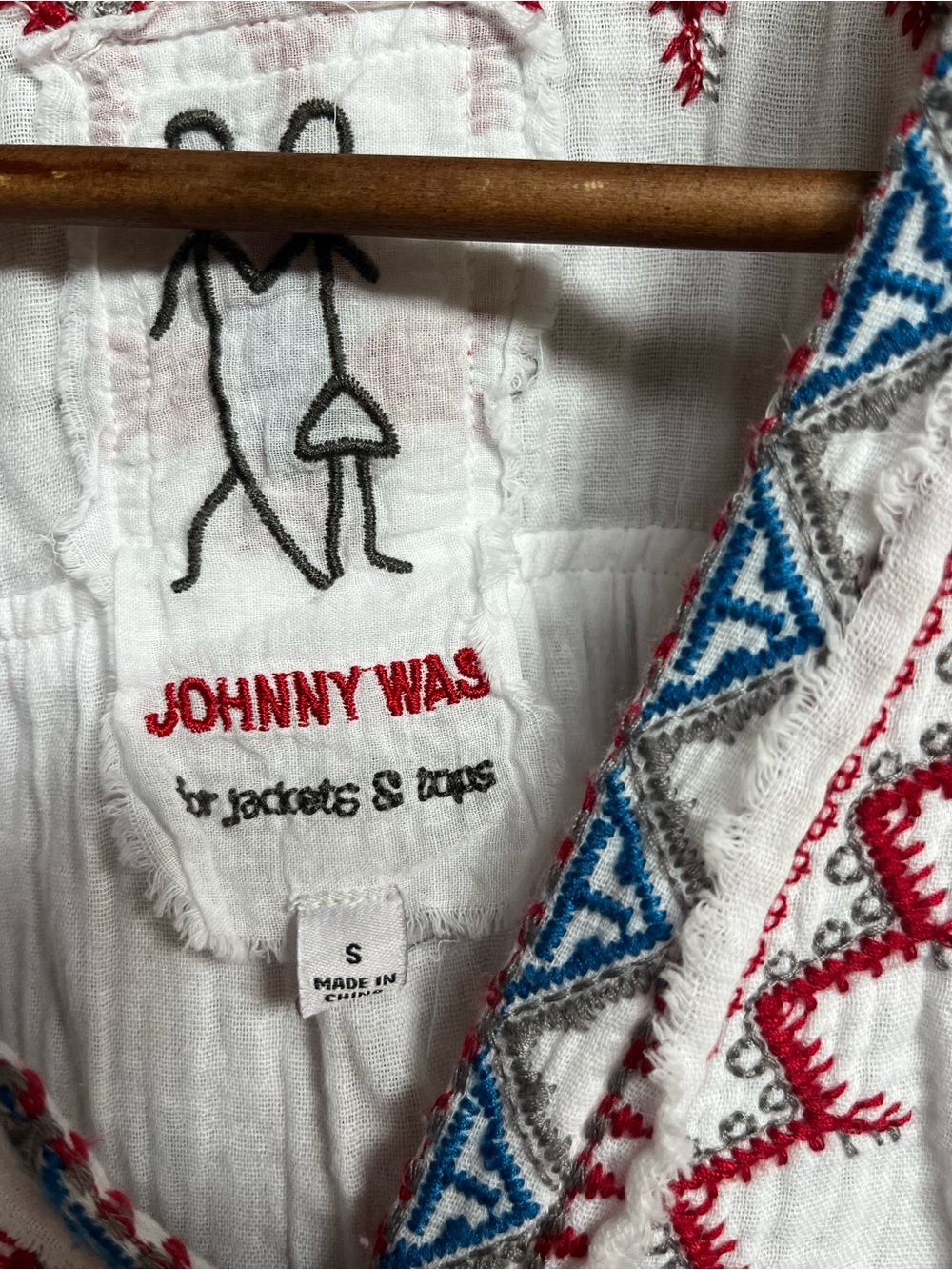 Johnny Was White Embroidered Boho Tunic with Red & Blue Accents Bicycle - Picture 2 of 5